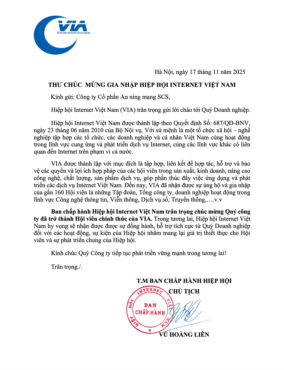 Thu chuc mung scs la thanh vien VIA